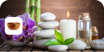 Orchids, rocks, bamboo, lamp and essential oils.