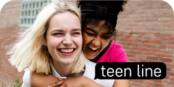 Teen Line logo with two girls laughing in the background
