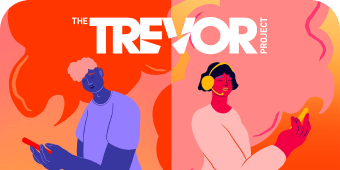 Trevor Project logo with a graphic of two people texting and talking.